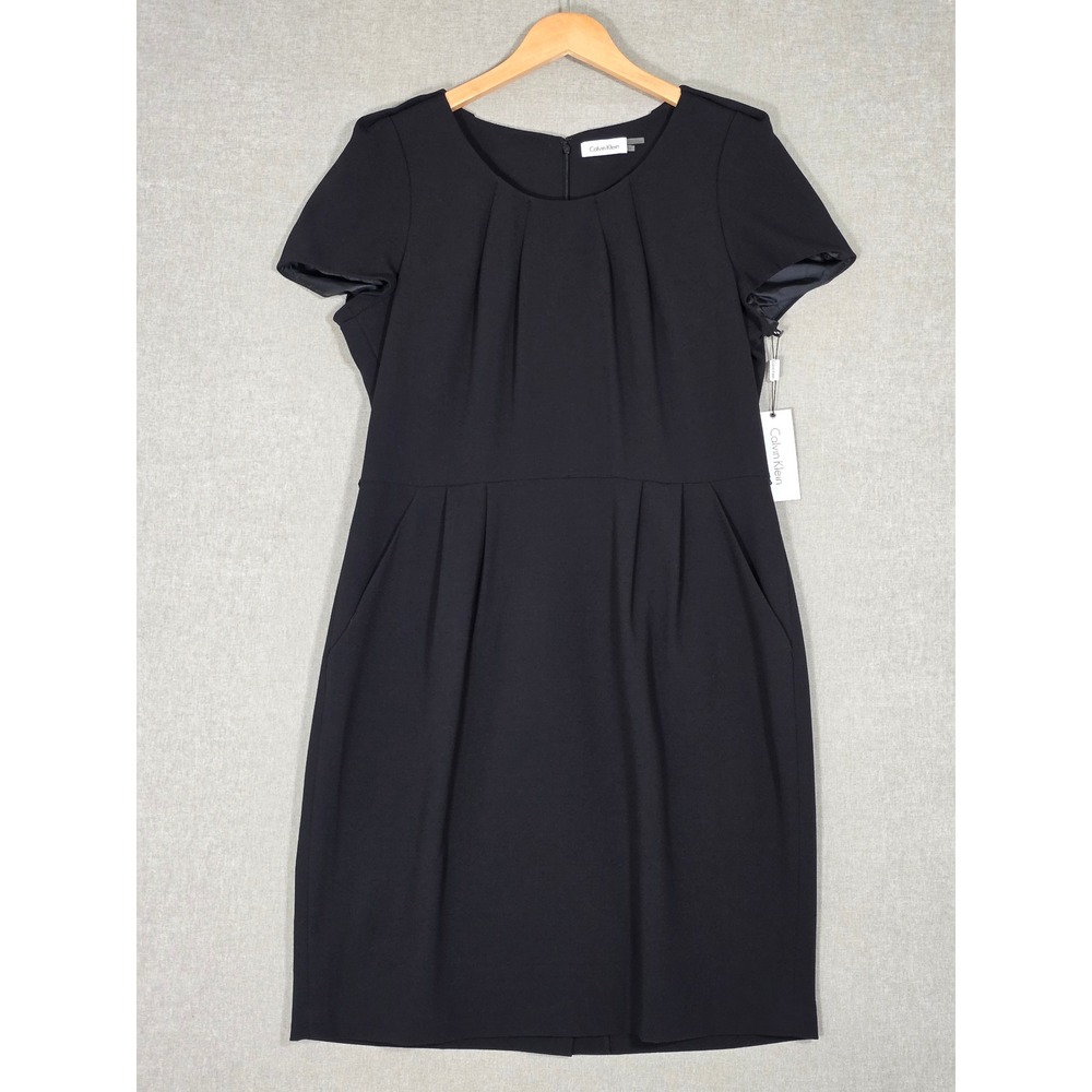 NWT Calvin Klein Women's Black Pleated Neck Short Sleeve Sheath Dress 14